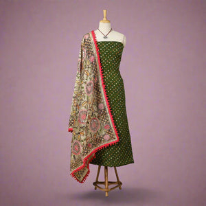 Green 2-Piece Unstitched Bandhani Dress Material with Jewellery Set