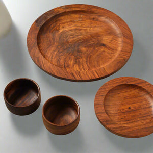 Brown Handcrafted Sheesham Wooden Dinner Set (2 Plates & 2 Bowls)