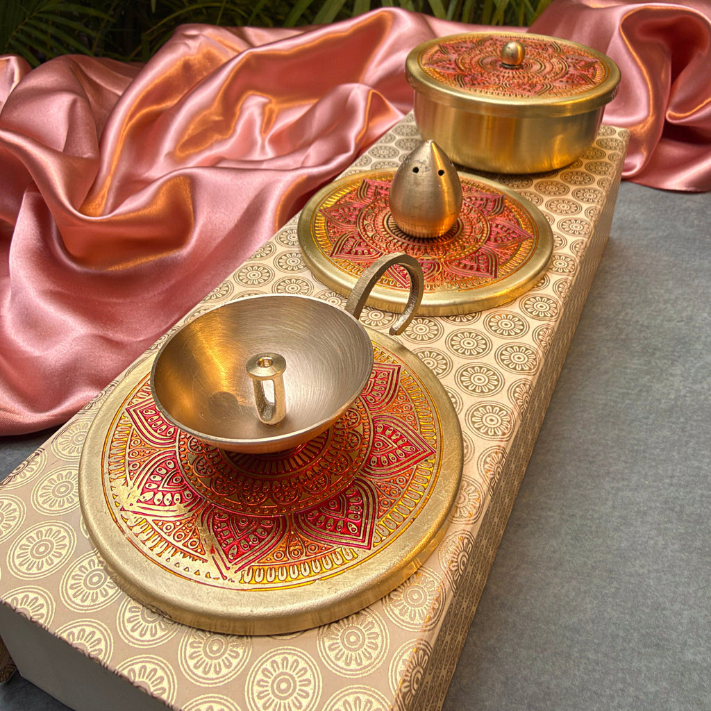 Ambi Pure Brass Mandala Pooja Essentials Set | Diya, Incense Holder& Multipurpose Box |