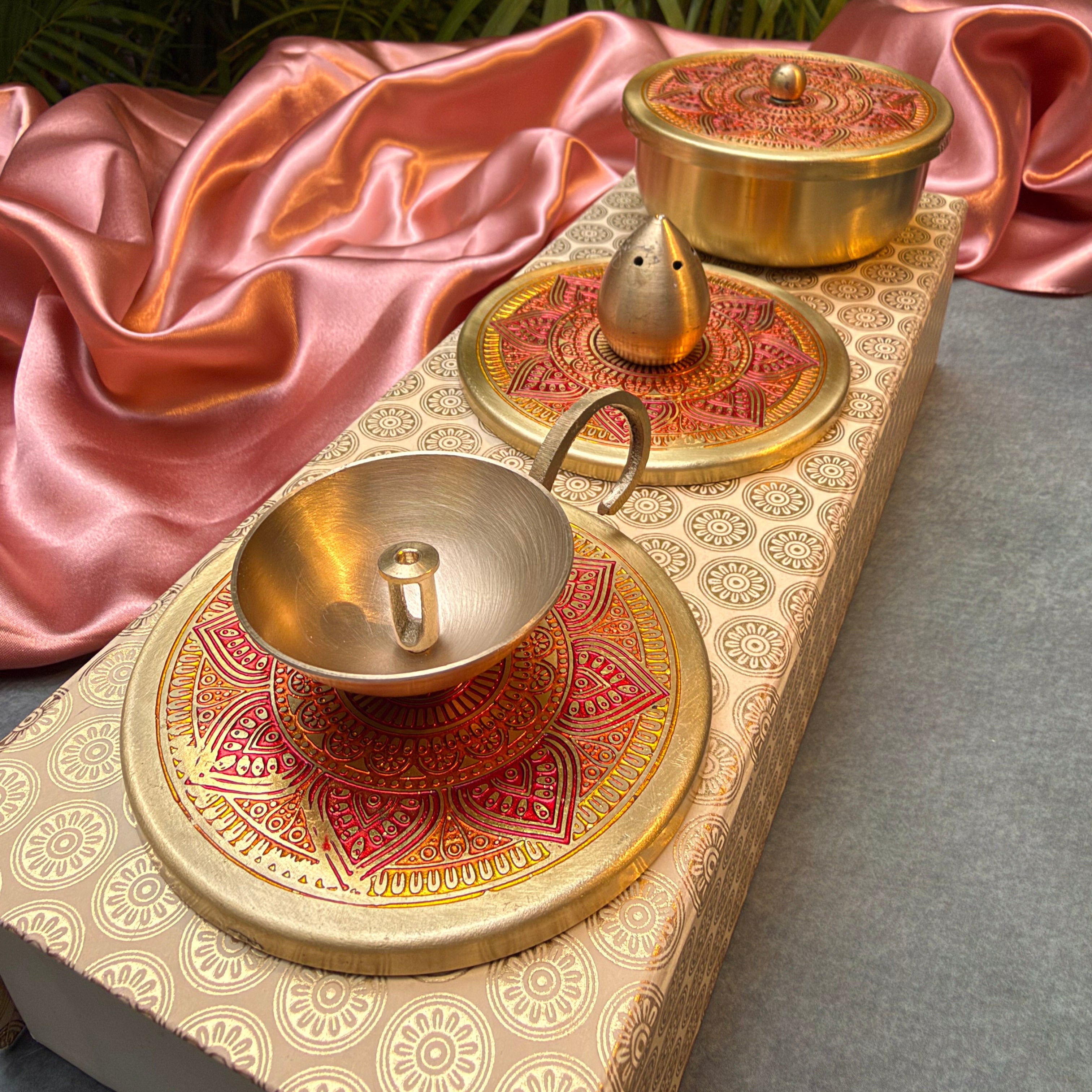 Ambi Pure Brass Mandala Pooja Essentials Set | Diya, Incense Holder& Multipurpose Box |