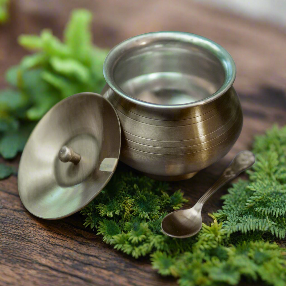 Pure Brass Ghee Pot (Matte) with Spoon – Gold Finish | 350 ml