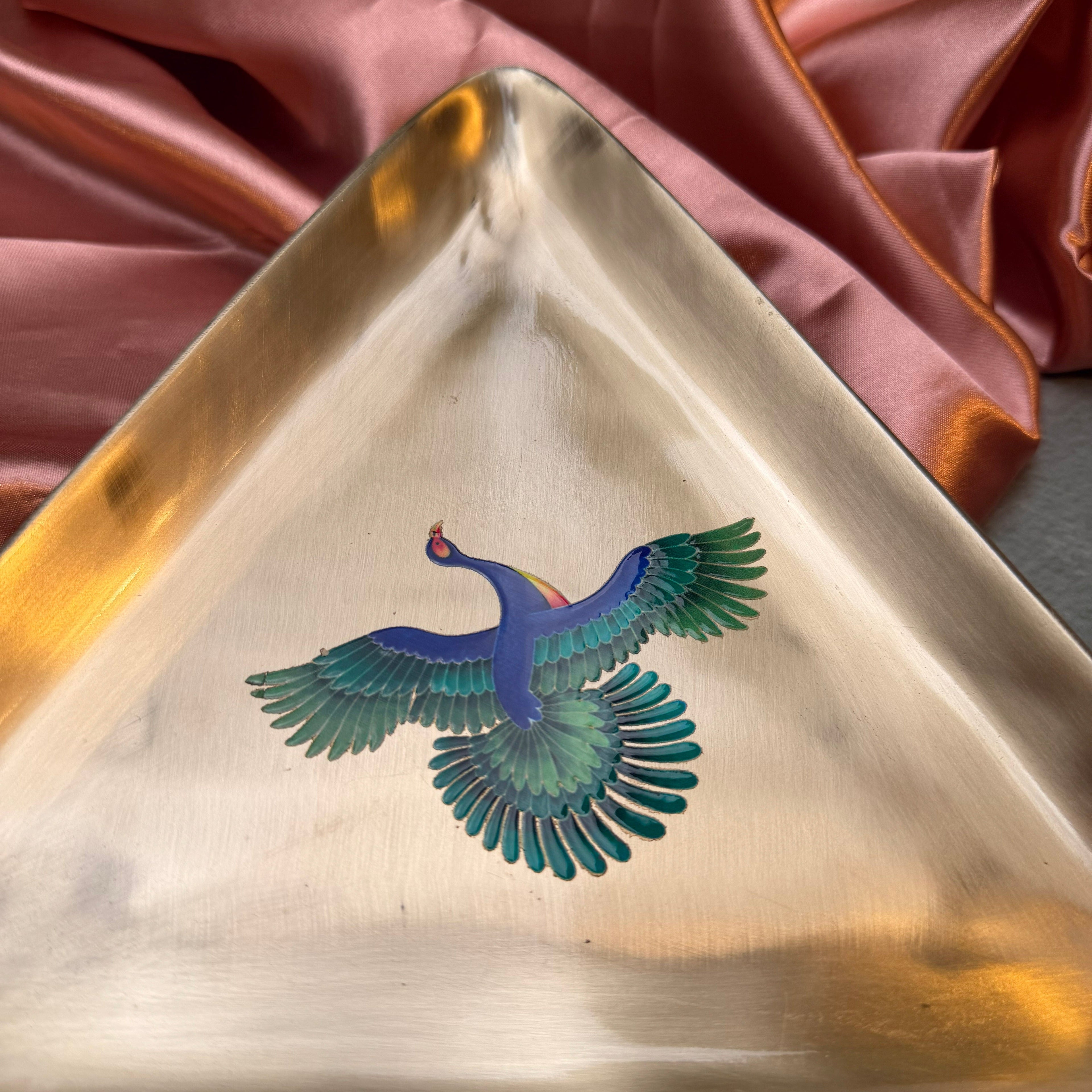 AMBI 100% Pure Kansa Pattachitra Birds - Hand-Painted Finish Triangle Platter | Heavy | Smooth Finish