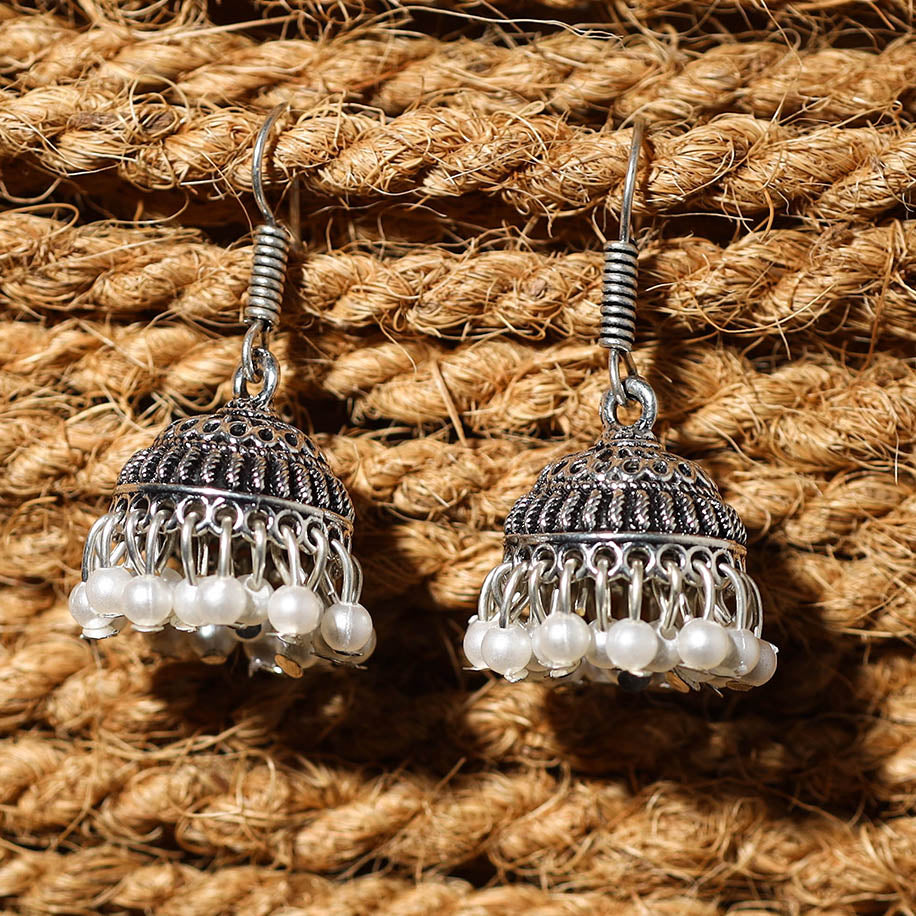 Grey Shifa Handcrafted Beaded Jhumki Earrings