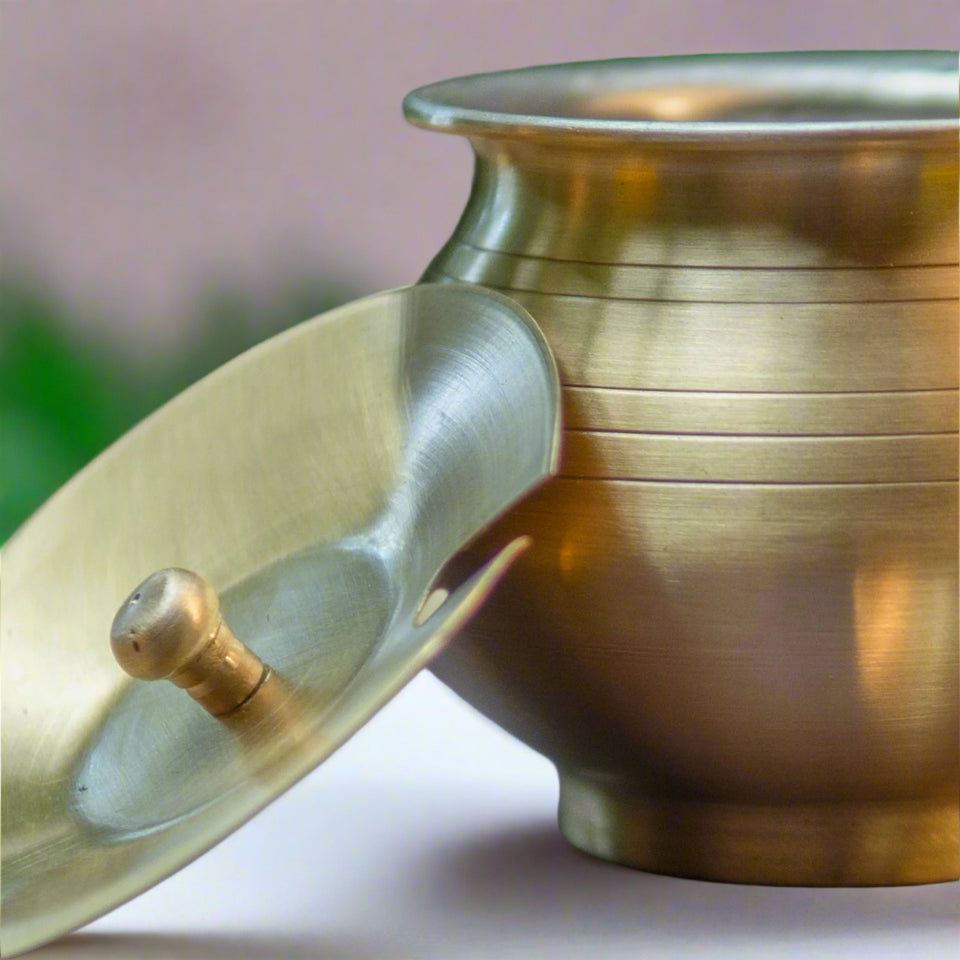 Pure Brass Ghee Pot (Matte) with Spoon – Gold Finish | 350 ml
