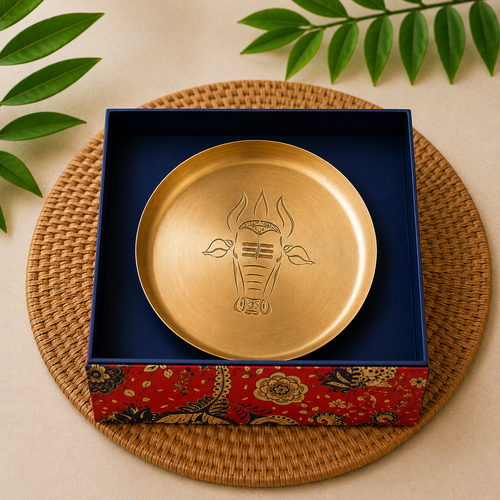 Ambi 100% Pure Kansa Nandi Etched Puja Thali - 8 inch
