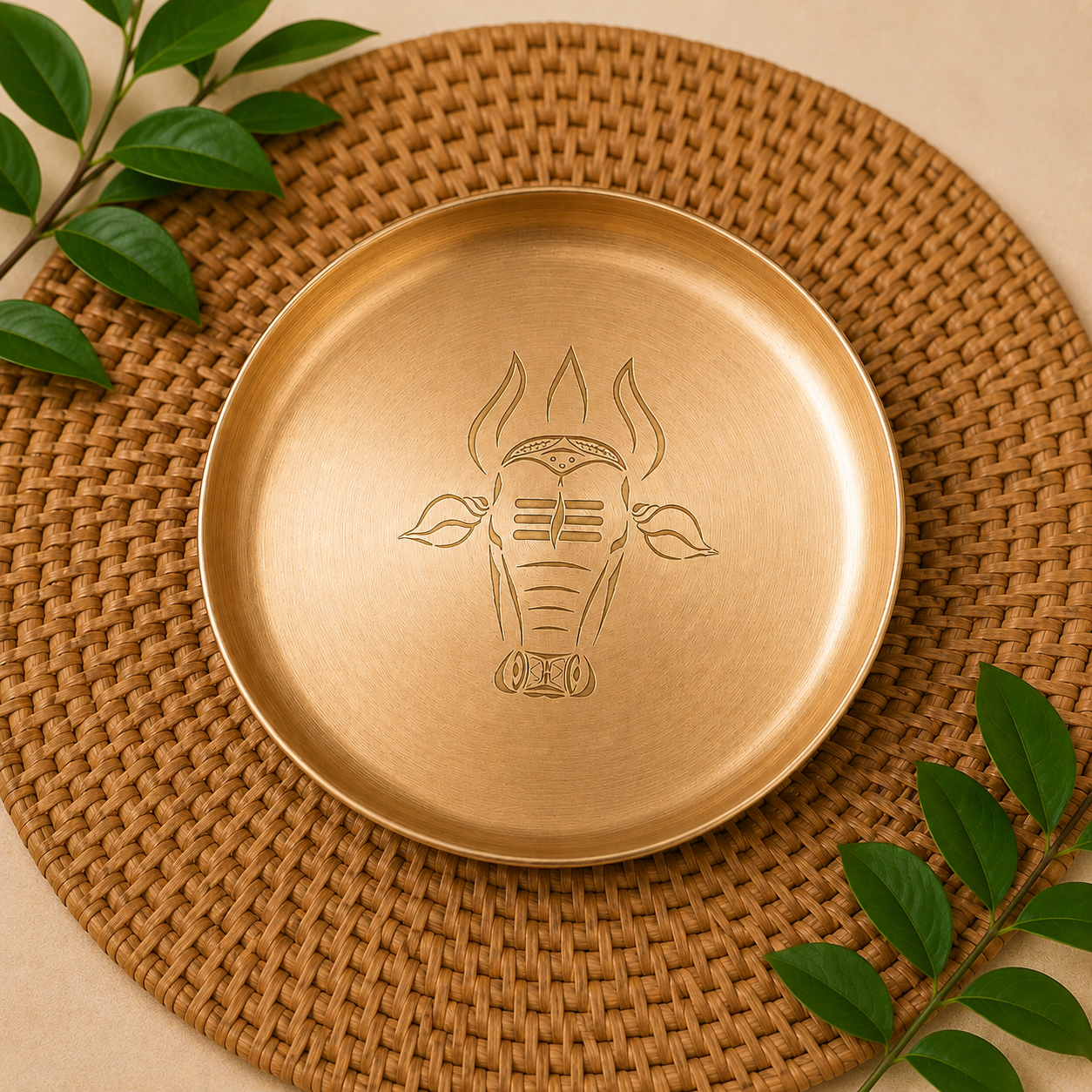 Ambi 100% Pure Kansa Nandi Etched Puja Thali - 8 inch