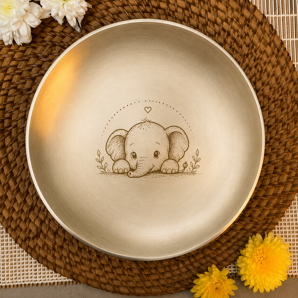 Ambi Pure Kansa Baby Elephant Etched Plate with Spoon – 8 Inches