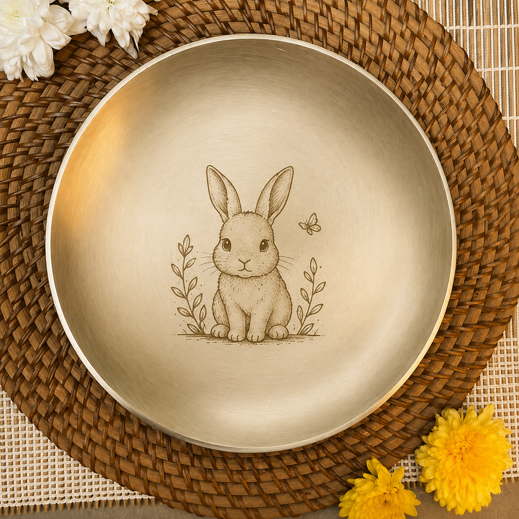 Ambi Pure Kansa Rabbit Etched Plate with Spoon – 8 Inches