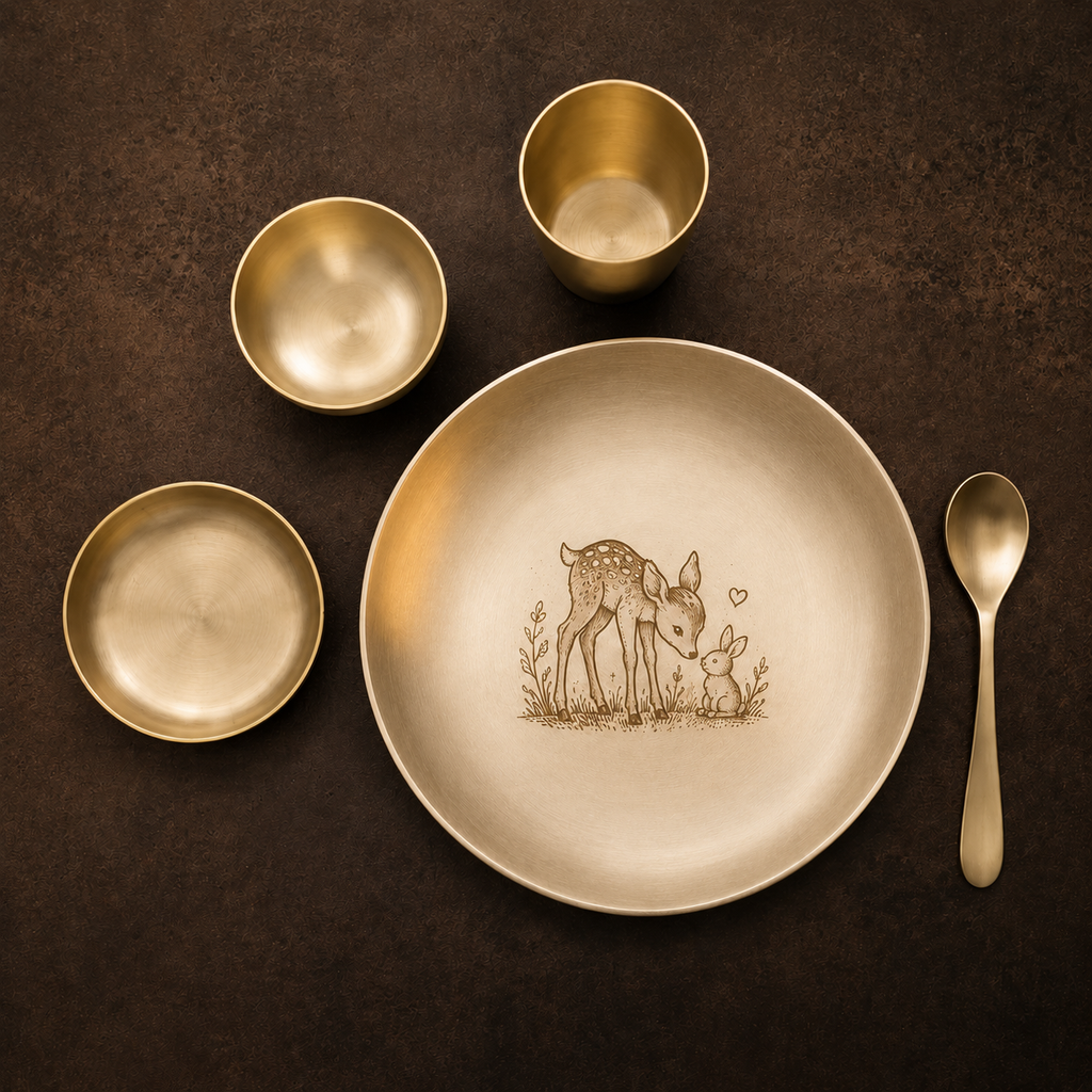 Ambi Pure Kansa Deer & Bunny Etched Dining Set with Bowls & Spoon