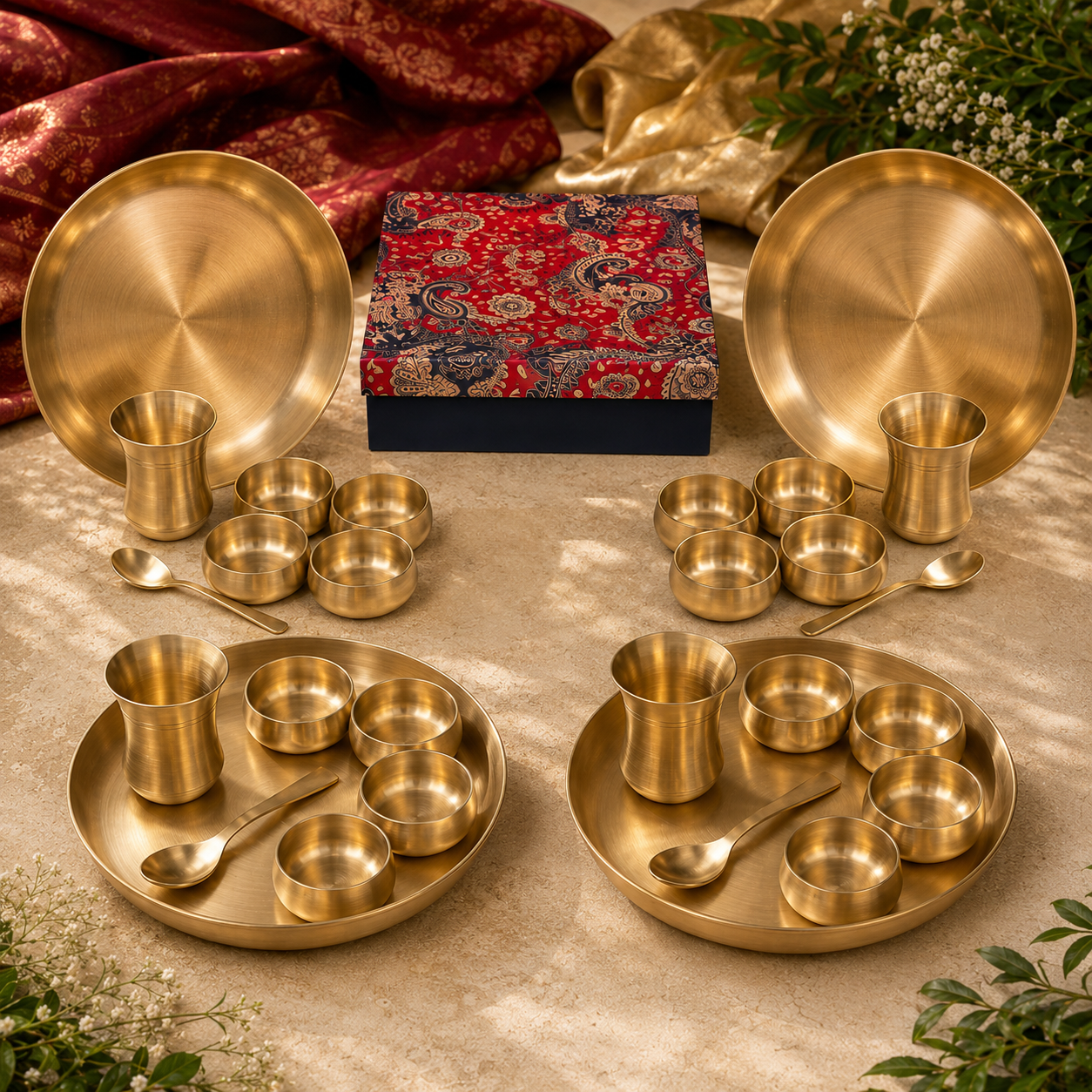 Ambi Heirloom Brass Thali Set of 4 Gift Box — A Heritage Dining Experience (7 pieces in each set))