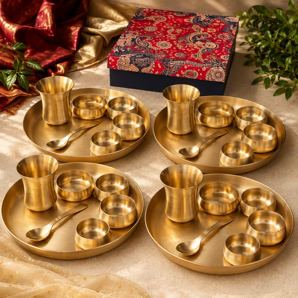 Ambi Heirloom Brass Thali Set of 4 Gift Box — A Heritage Dining Experience (7 pieces in each set))