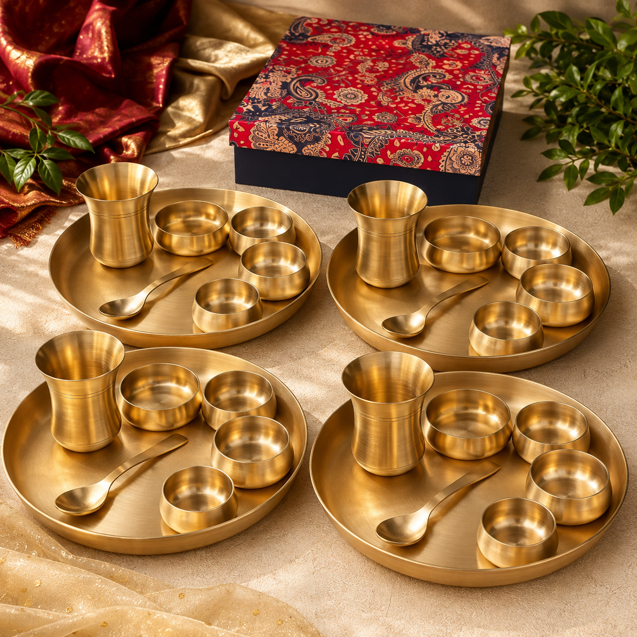 Ambi Heirloom Brass Thali Set of 4 Gift Box — A Heritage Dining Experience (7 pieces in each set))
