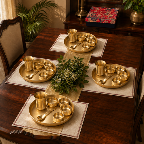 Ambi Heirloom Brass Thali Set of 4 Gift Box — A Heritage Dining Experience (7 pieces in each set))