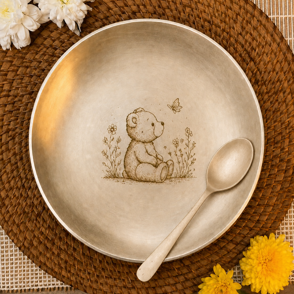 Ambi Pure Kansa Teddy Bear Etched Plate with Spoon – 8 Inches