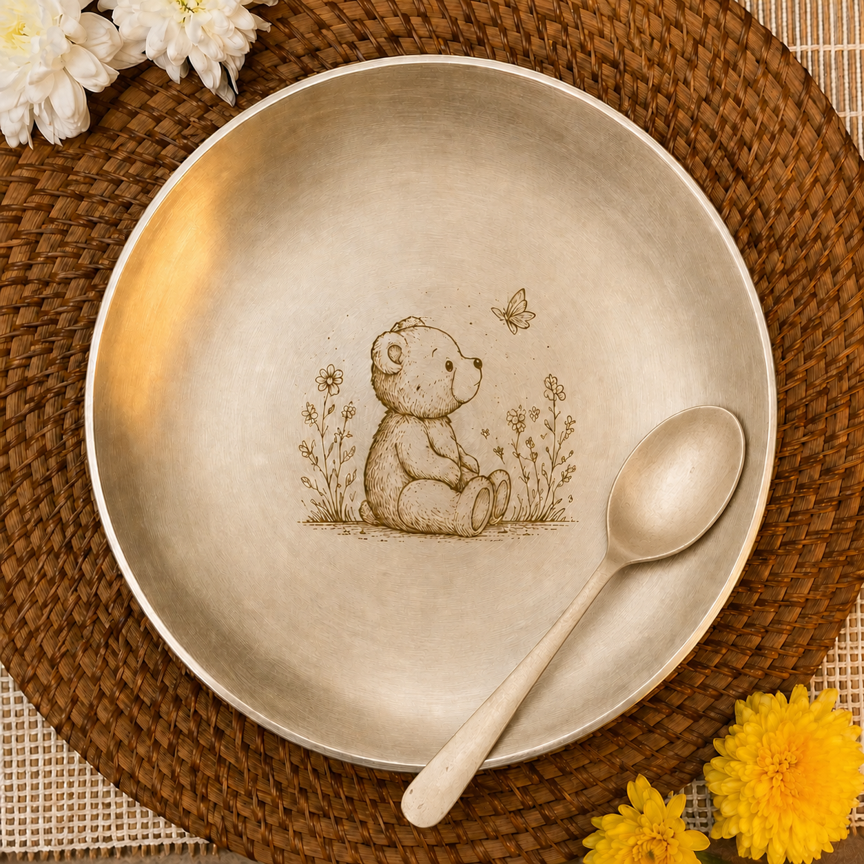 Ambi Pure Kansa Teddy Bear Etched Plate with Spoon – 8 Inches
