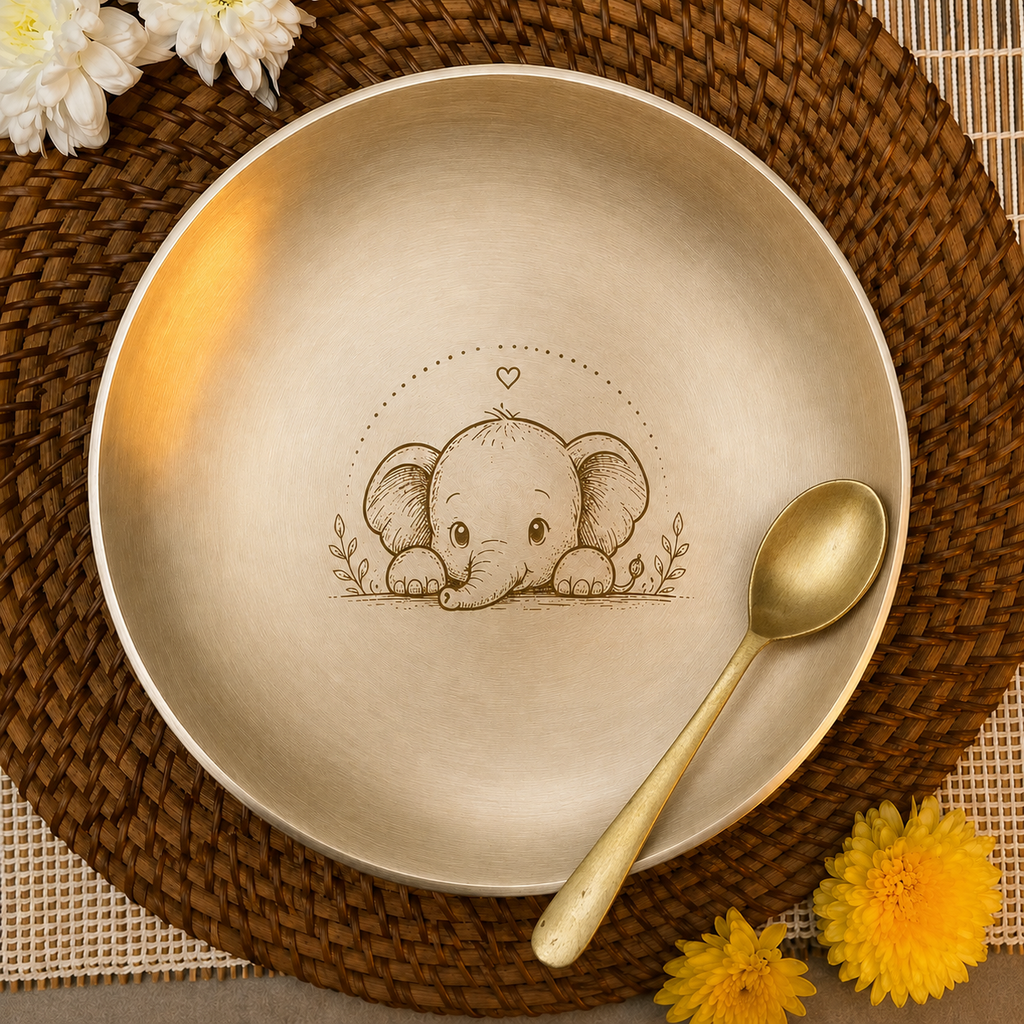 Ambi Pure Kansa Elephant Etched Dining Set with Bowls & Spoon