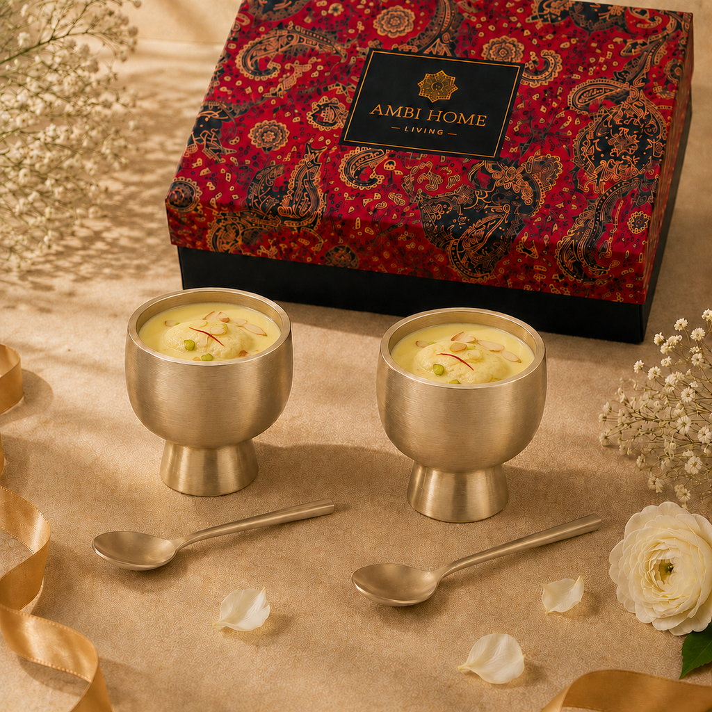 AMBI 100% Pure Brass Dessert/Icecream Bowl & Matching Brass Spoon - Set of 2 Giftbox