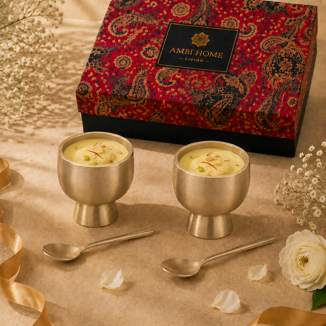 AMBI 100% Pure Brass Dessert/Icecream Bowl & Matching Brass Spoon - Set of 2 Giftbox