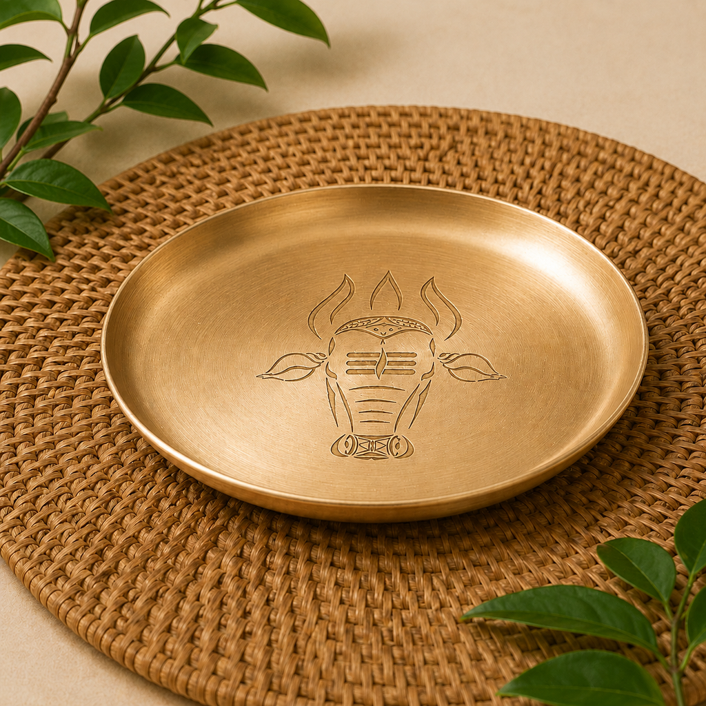 Ambi 100% Pure Kansa Nandi Etched Puja Thali - 8 inch