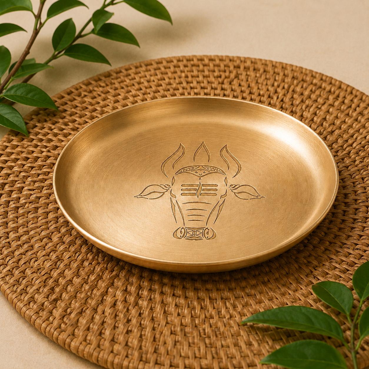 Ambi 100% Pure Kansa Nandi Etched Puja Thali - 8 inch