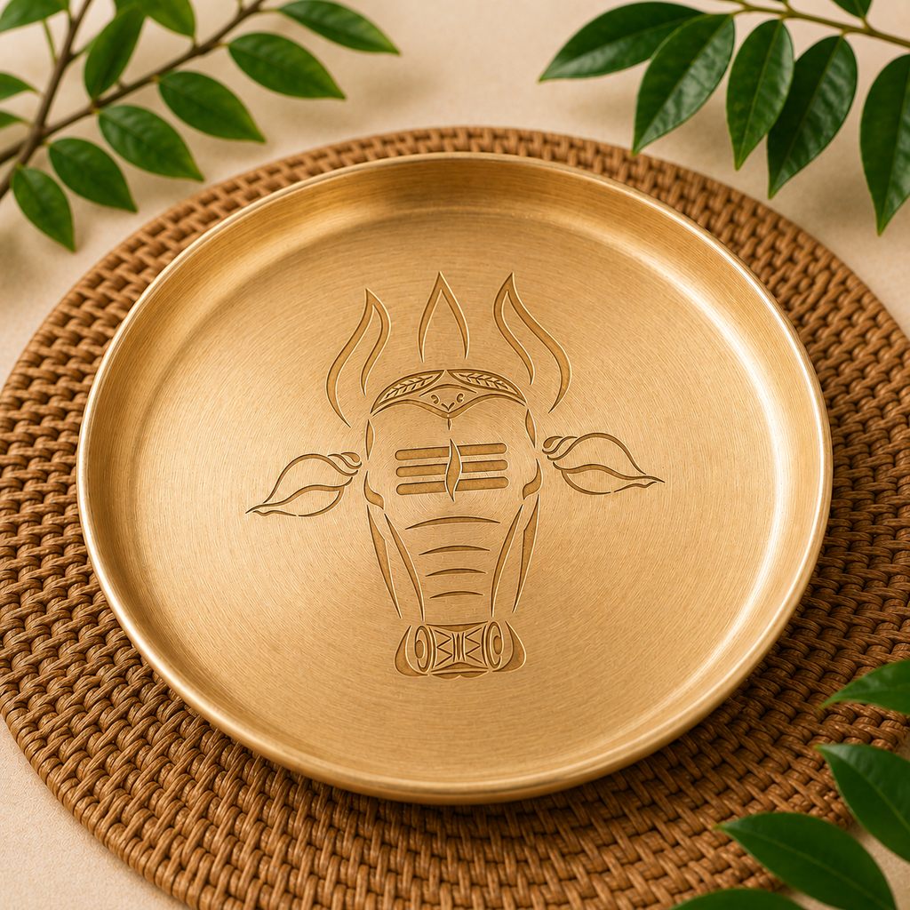 Ambi 100% Pure Kansa Nandi Etched Puja Thali - 8 inch