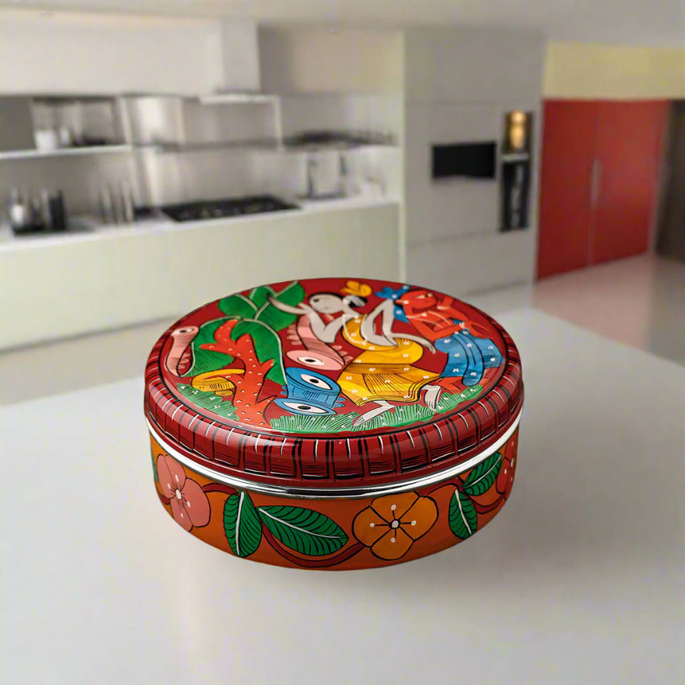 Multicolor Bengal Patua Handpainted Stainless Steel Masala Box (7.5" x 7.5")